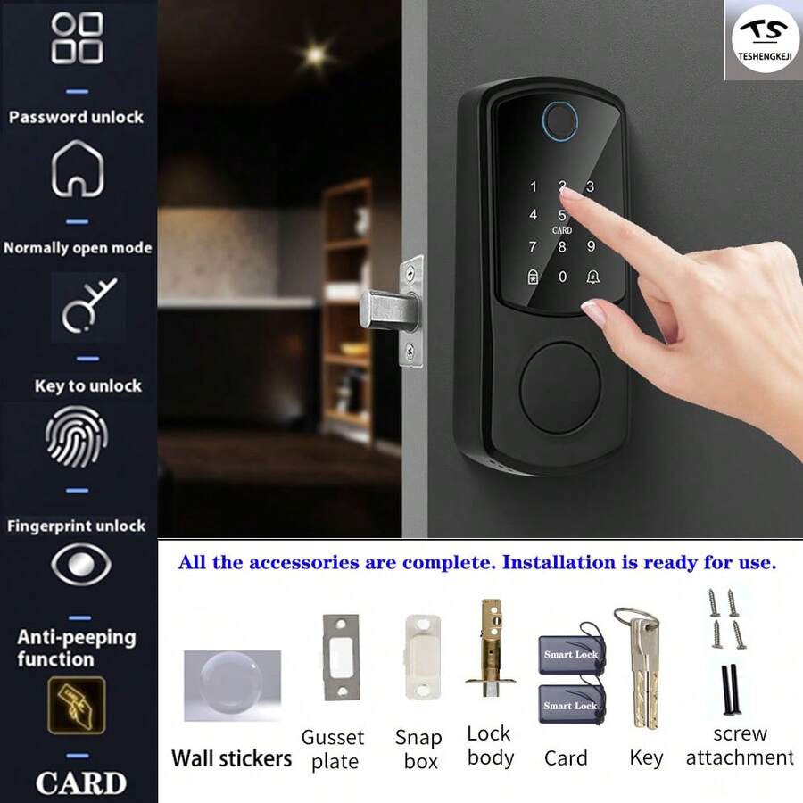 Fingerprint Smart Door Lock - Keyless Entry Door Lock Latch - 99 Biometric Fingerprint & 99 User Passwords, Multi-Function Unlocking (Password/Fingerprint/IC Card/Key), One-Key Auto Lock, Easy Installation Intelligent Electronic Fingerprint Door Lock