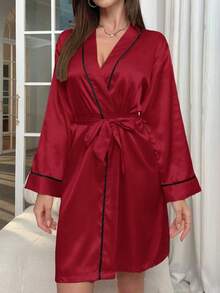 1pc New Arrival Women's Sleepwear, Faux Silk Robe, V-Neck Bathrobe, Home Wear - Multicolor - View 20