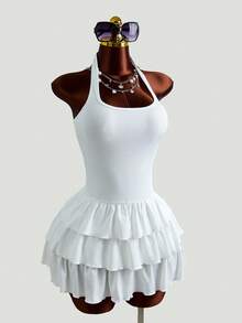 女士休闲优雅白色吊带无袖连衣裙，罗纹腰身设计，多层荷叶边下摆，性感甜美风格，适合度假和夏季约会 - 白色 - 查看 3