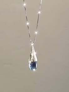 1pc S925 Sterling Silver Teardrop Pendant Necklace, Minimalist Versatile Elegant Necklace, Delicate Unique Design, Suitable For Women's Daily Wear Or Party Gift, Graceful Accessory - Water Drop - View 3
