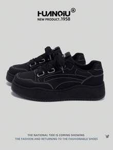 HUANQIU 2026新款男鞋，男士运动鞋，黑色鞋，滑板鞋，时尚，多功能，轻便，舒适，系带，软底，休闲鞋，跑步鞋，黑色四季鞋 - 黑色 - 查看 1