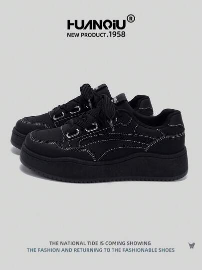 HUANQIU 2026新款男鞋，男士运动鞋，黑色鞋，滑板鞋，时尚，多功能，轻便，舒适，系带，软底，休闲鞋，跑步鞋，黑色四季鞋