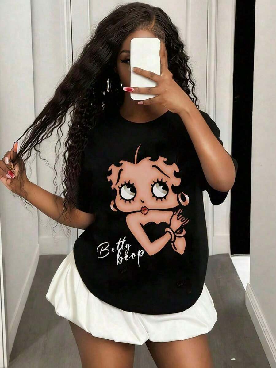 [Oversize]Tween Girl Cotten Clothes,Y2K-Inspired Letter Print T-Shirt - Casual Crew Neck, Short Sleeve, Machine Washable - Perfect For Spring/Summer/Fall,Fashion, Streetwear, Unisex, Men, Women - Nhiều màu - Xem 1