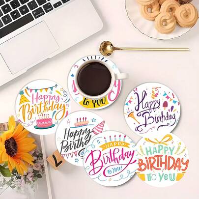 6pcs/Set Wooden Birthday Themed Coasters, Multiple Happy Birthday Prints, Thick Insulation Non-Slip, Protect Tabletop, Practical & Thoughtful Birthday Decor & Gift