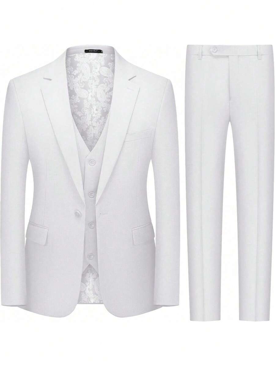 Men's 3 Piece Suit Slim Fit Solid One Button Party Wedding Tuxedo Suits Blazer Jacket Vest Pants Set - White - View 1