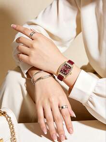 1pc Luxury Retro Women's Quartz Watch, Barrel-Shaped Dial With Gold Arabic Numerals, Gold-Plated Alloy Case, Elegant Minimalist Style Suitable For Daily Wear, Office, Party, Wedding And Other Occasions - Red - View 7