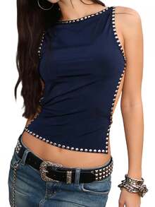 Womens Studded Tank Tops  Sleeveless Open Back Solid Color Tops Slim Fit Shirts - Navy Blue - View 1