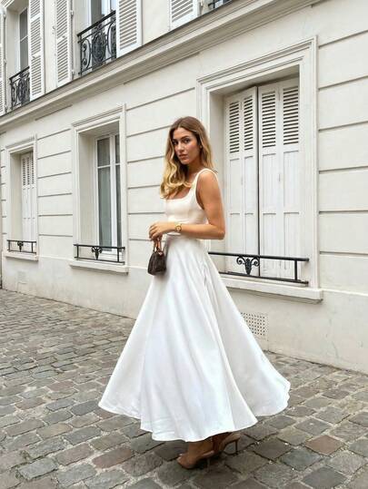 Floreya Solid Color Casual Elegant Woven Fabric Zipper Dress, Suitable For Dates, Parties, Weddings In Spring/Summer White