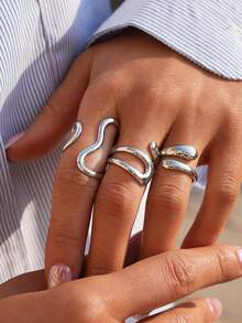 3pcs/1pc Set Minimalist Curved Stainless Steel Open Rings, Suitable For Women, Featuring Fashionable Asymmetrical Wave And Geometric Design, Adjustable Stacking, Waterproof & Hypoallergenic, Suitable For Daily Wear, Party, Date, Gift, Fashionable Minimalist Cool-Toned Jewelry Accessory - Silver 1 - View 2