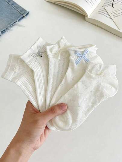 4 pares de calcetines cortos, transpirables y sencillos con lunares y lazo, para primavera/verano, entrega aleatoria