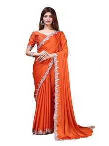Estationeryhouse Satin Saree With Silver Embroidery With Heavy Embroidered Unstitched Blouse - Orange - View 1