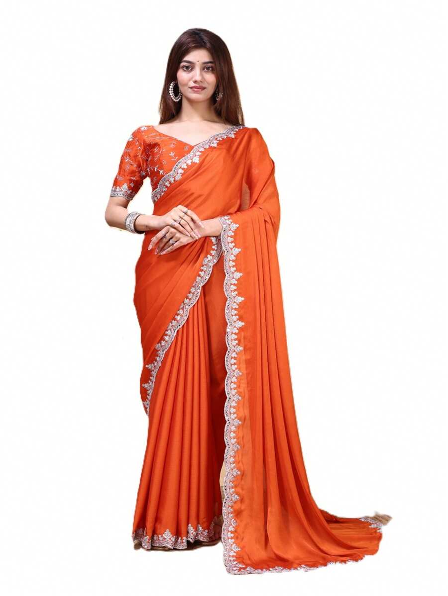 Estationeryhouse Satin Saree With Silver Embroidery With Heavy Embroidered Unstitched Blouse - Orange - View 1