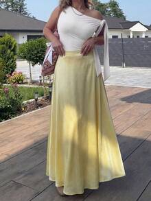 Falda larga acampanada de punto elegante, conjunto de moda para fiesta de mujer, con elasticidad media para primavera - Amarillo - Ver 2