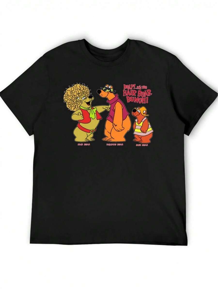 Herren Retro 70er Jahre T-Shirt mit Bärenmuster - Vintage Cartoon Prints mit Teddybär usw., weicher und atmungsaktiver Stoff, nostalgisches 70er Jahre TV-Show Design, lässiges Rundhals Kurzarm T-Shirt, geeignet für Erwachsene, bequeme Passform für alle Jahreszeiten, Herren Shirt, Herren gemustertes T-Shirt, Herren T-Shirt, Lustiges T-Shirt, Herrenmode, Fußballshirt, Guam, Lustiges Shirt, Kreuzfahrt T-Shirt, K-Pop - Schwarz - Übersicht 1