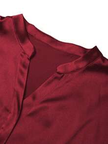 Áo kiểu nữ cỡ lớn cổ chữ V thanh lịch, chất liệu polyester, màu trơn, tay ngắn, kiểu dáng thời trang cho mùa xuân và mùa hè. - Màu Đỏ Sâu - Xem 3