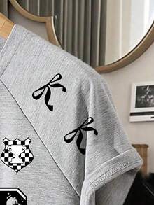 女童休闲数字印花插肩袖宽松短袖T恤套装 - 灰色 - 查看 4