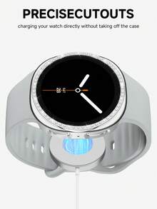 手錶錶帶 + 手錶錶殼套組，相容於 Galaxy Watch 8 40mm 與 44mm。柔軟舒適的休閒運動矽膠錶帶，以及抗震防刮亮面水鑽錶殼。易於佩戴，觸控靈敏。適合女性智慧手錶錶帶與錶殼。 - 銀色錶帶配鑲鑽殼 - 查看 4