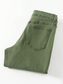 女士休闲阔腿牛仔裤，长款设计，配有纽扣、拉链和口袋，时尚百搭，中等弹力面料，春季穿着舒适。 - 綠色 - 查看 8