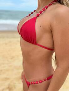 Jade Bikini With Pearls, Luxury Beach Set For Women, Summer, Bathing, And Sea - Red - View 4