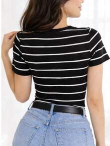 Women's Basic Ribbed Cotton Striped Blouse - Black - View 3
