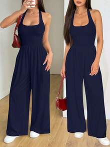 AITYI Studio 女士无袖连体裤，时尚宽松休闲舒适，面料柔软有弹性，适合返校/毕业季穿着，日常穿搭，街头潮流风格，露背设计 - 藏蓝色 - 查看 2