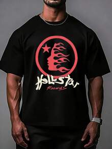 Hellstars Records Flame Head Star Logo Red Y2K Graphic T-Shirt,220g 100% Cotton,Round Neck Short Sleeve,Black Streetwear Essential For Summer Going Out,Unisex Style - 黑色 - 查看 1