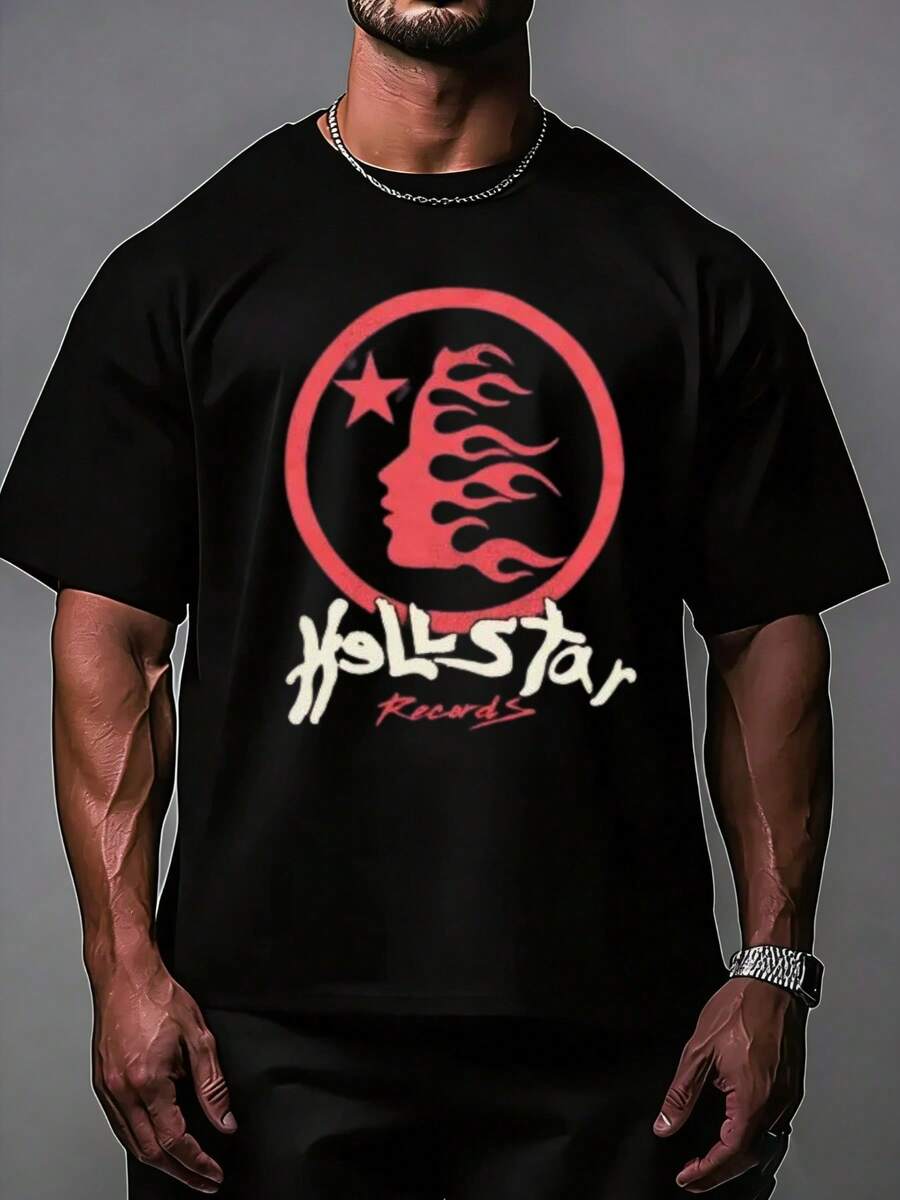 Hellstars Records Flame Head Star Logo Red Y2K Graphic T-Shirt,220g 100% Cotton,Round Neck Short Sleeve,Black Streetwear Essential For Summer Going Out,Unisex Style - 黑色 - 查看 1