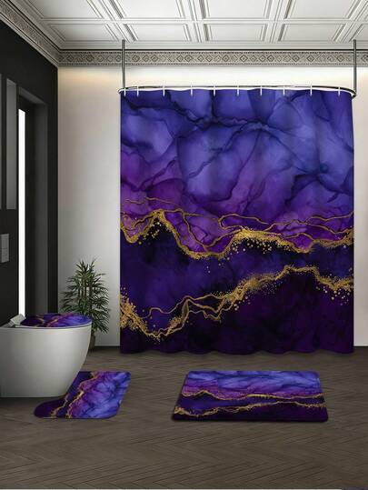 四件套轻奢烫金紫蓝墨大理石纹浴室套装，配有防水耐磨绑带和12个挂钩，包含浴帘/马桶盖/浴垫/地毯。涤纶面料可水洗且防霉，适合轻奢/艺术/高端家居装饰，也是送给男友的礼物，以及男士浴室的必备配件。