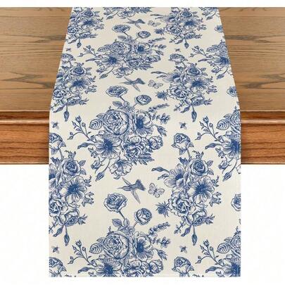 1PC Spring Navy Blue Floral Chinese Style Table Runner, Seasonal Summer Kitchen Dining Table Home Party Decoration