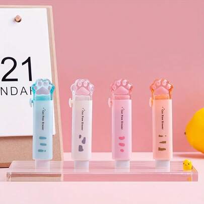 4pcs Retractable Cartoon Cat Design Erasers, Made Of White Rubber Material, No Residue, Push-Pull Operation, Suitable For Writing And Drawing, Funny Cat Themed Gift, Exclusive For Cat Lovers, Precise Writing