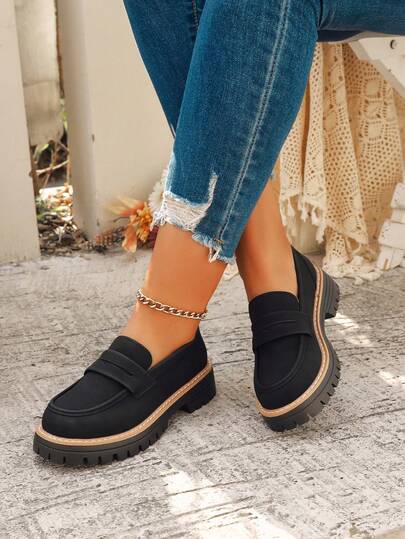 女士时尚休闲圆头乐福鞋，套脚厚底平底鞋