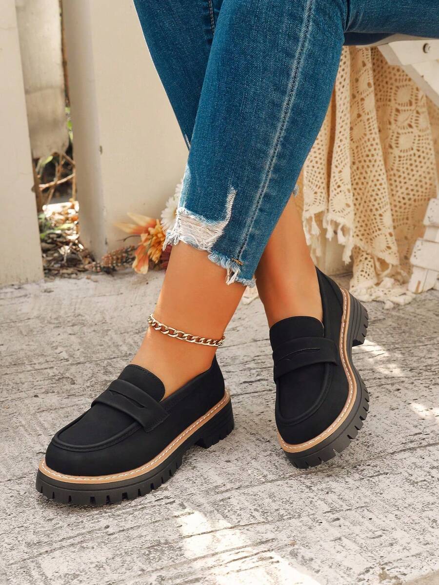 女士时尚休闲圆头乐福鞋，套脚厚底平底鞋