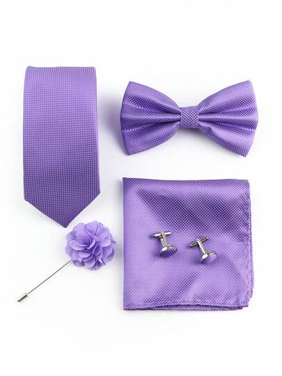 ZONFAZ 5pcs/Set Men's Business Fashion Plaid Necktie, Bow Tie, Pocket Square, Cufflinks, Lapel Pin Suit Accessories Set, Suitable For Weddings, Ceremonies And Daily Wear