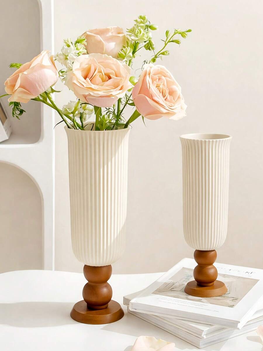 1 Stück cremefarbene Vase mit vertikalen Streifen, einzigartiger französischer Stil Wohndekoration - Verschiedenfarbig - Übersicht 1