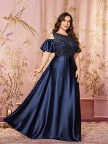 Đầm dạ hội SUPGIR Plus dành cho nữ, cổ tròn, tay bồng, phối sequin và vải lưới satin, kiểu dáng thanh lịch, ôm sát. - Màu xanh hải quân - Xem 6