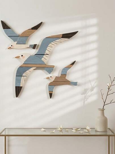 经典木质海鸥墙饰三件套，饰有海岸边的海洋鸟类艺术图案，以及可重复使用的复古海滩吊灯，适用于浴室、别墅、农舍、圣诞节和感恩节。木质墙饰适用于住宅、农舍、咖啡馆、瑜伽馆 - 室内卧室、客厅、办公室和户外花园露台、客厅庭院、花园、后院，可作为礼品，花园墙饰艺术装饰