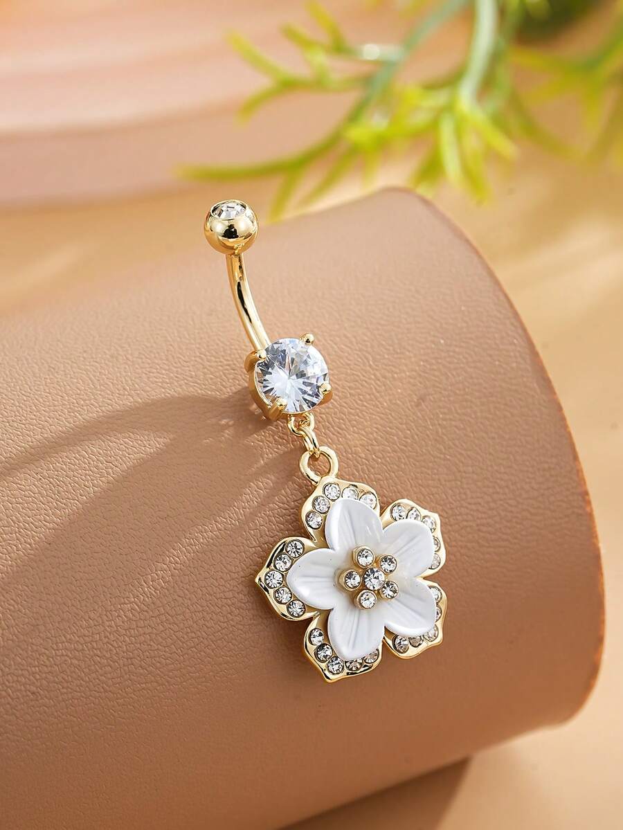 1件花朵吊坠肚脐环，适合女性 - 白花 - 查看 1