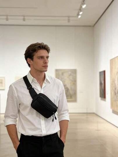 黑色胸包/腰包，复古工装风，潮流INS设计，休闲百搭，轻巧便携，适合学生，个性设计，校园通勤、街头购物、户外徒步、音乐节、便利店、咖啡馆、健身房、短途旅行等场合，青年/大学生适用，胸包/腰包，尼龙材质，多拉链隔层，可调节肩带，适合情人节、复活节、母亲节、独立日、万圣节、感恩节、圣诞节、新年、排灯节、狂欢节等节日。