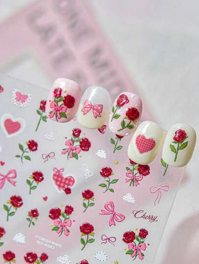 1pc Elegant Rose Pink Bow Love Small Cloud Tie 3D Decoration DIY Self Adhesive Nail Accessories Stickers