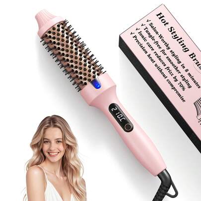 Heated Hair Dryer Comb - 1.5-Inch Round Brush With Negative Ions, Dual Voltage, Dual PTC, 6 Temperature Settings, For Salon-Quality Smooth Hair, No More Frizz, Portable, Pink.