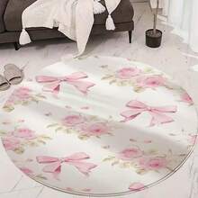 1pc Pink Bow & Floral Round Rug, Polyester, Machine Washable For Living Room, Bedroom, Study, Lounge, Home Decor - Living Room Mat, Bedroom Decor, Home Leisure Carpet, Decorative Rug, Bedroom Decor, Small Rug, Carpet, Home Decor, Living Room Carpet, Living Room Small Rug, Bedroom Carpet, Living Room Home Decor, Outdoor Rug, Plush Rug, Furry Rug, Autumn/Winter Rug, Thick/Fluffy, Washable Carpet - A - View 5