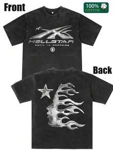 Hellstars Metal Texture Star Print Vintage Washed T-Shirt Double Sided Printed (230g 100% Cotton T-Shirt),Spring Clothes, Men's Tops, Casual And Comfortable, Fashionable T-Shirt, Unisex Style - 黑色 - 查看 1