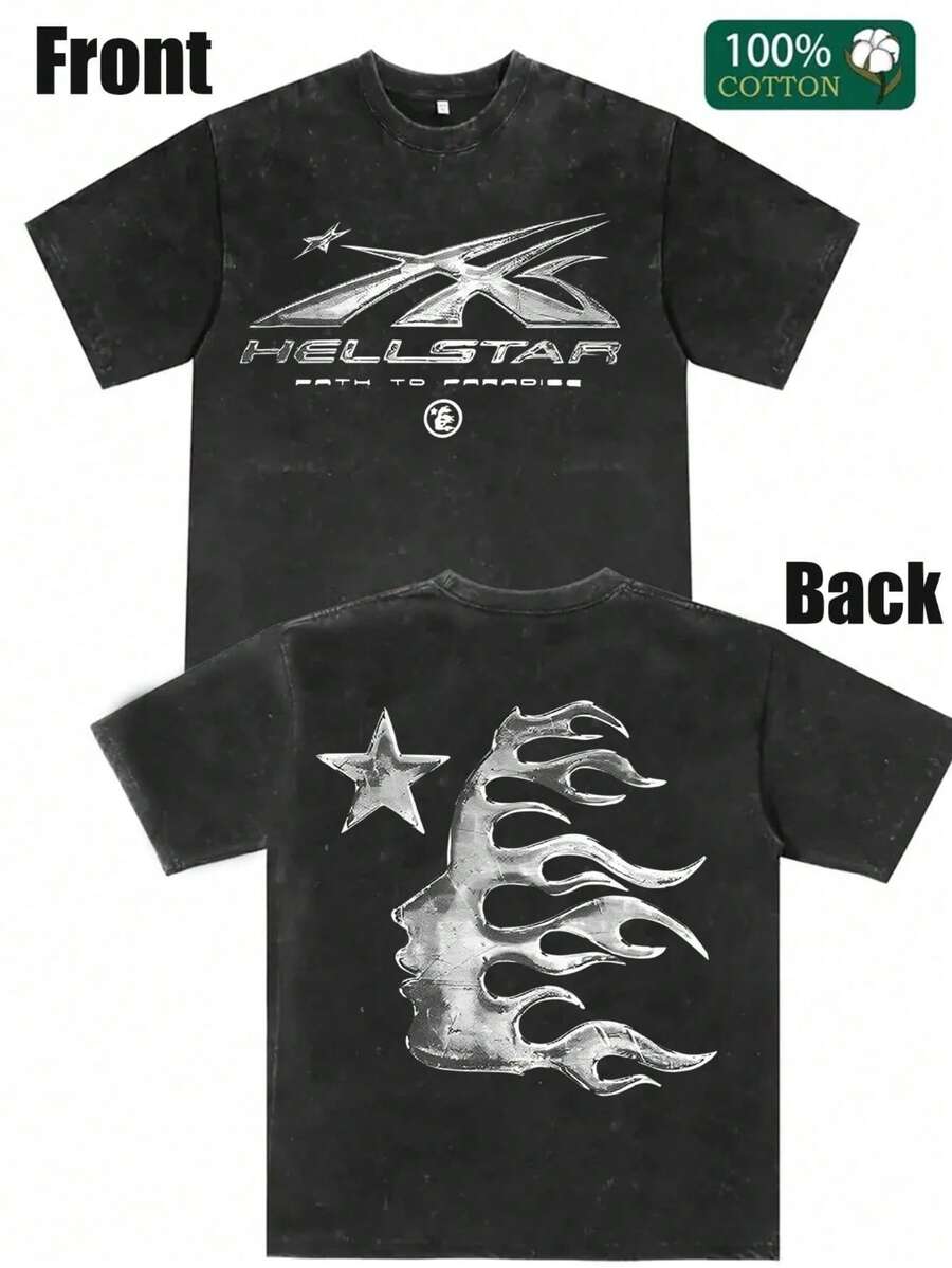 Hellstars Metal Texture Star Print Vintage Washed T-Shirt Double Sided Printed (230g 100% Cotton T-Shirt),Spring Clothes, Men's Tops, Casual And Comfortable, Fashionable T-Shirt, Unisex Style - 黑色 - 查看 1