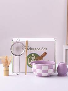 Juego de té matcha de 5 piezas con patrón de tablero de ajedrez, incluye tazón de matcha, soporte para batidor de matcha, cuchara de matcha, batidor de matcha, juego de herramientas de preparación de matcha, caja de regalo con estilo japonés, ideal para amantes del matcha, madres, novias, Acción de Gracias, Navidad - Multicolor - Ver 8