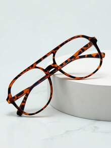 1pc Women's Double-Bridge Large Frame High-Quality Minimalist Fashion Decorative Glasses, Suitable For Daily Wear, Parties, And Casual Outfits - Tortoise Shell Frame Plain Mirror - View 3