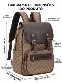 Stylish Vintage Checkered Print Backpack With Gold Buckles - Old Money Style - Beige - View 5