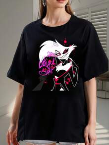 Angel Dust Hazbins Hotel Pink Signature Graphic Tee, Short Sleeve, Crew Neck, Oversized Style, Unisex, Cartoon Print, Streetwear For Fans, 2026 Print Tee - Made Of Pure Cotton, It's Soft And Breathable, Suitable For Both Men And Women. It's A Casual Shirt Suitable For All Seasons And A Stylish Souvenir. It's Suitable For Everyday Wear, Streetwear Enthusiasts, And Music Lovers. - 黑色 - 查看 6