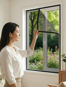 White DIY Window Screen Mesh Set, Cut-To-Fit Breathable Net, Self-Adhesive Hook & Loop Easy Install, Mosquito & Bug Protection For Home Windows - Black - View 1