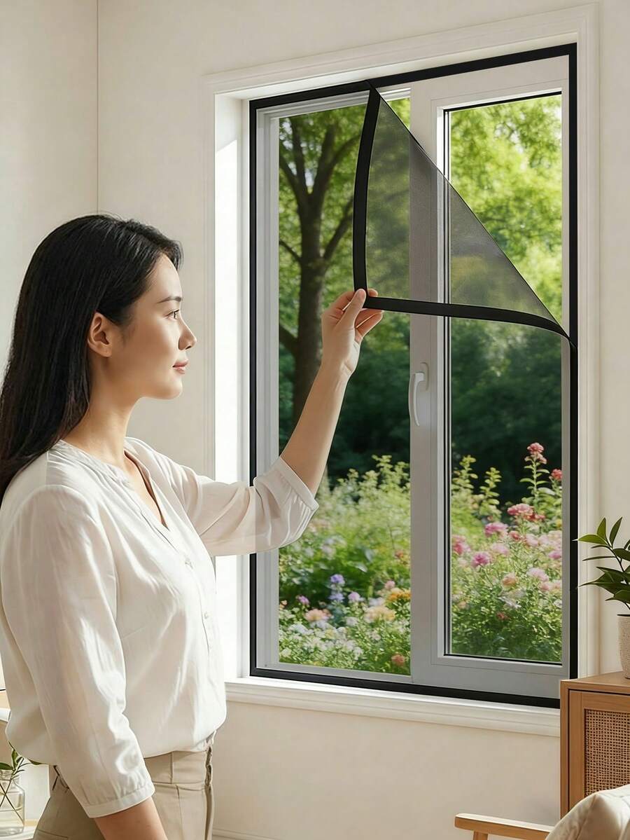 White DIY Window Screen Mesh Set, Cut-To-Fit Breathable Net, Self-Adhesive Hook & Loop Easy Install, Mosquito & Bug Protection For Home Windows - Black - View 1