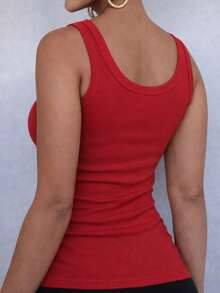 Women's Ribbed Tank Top With Square Neckline, U-Shaped Wide Straps, Premium Comfortable Ribbed Knit - Red - View 5